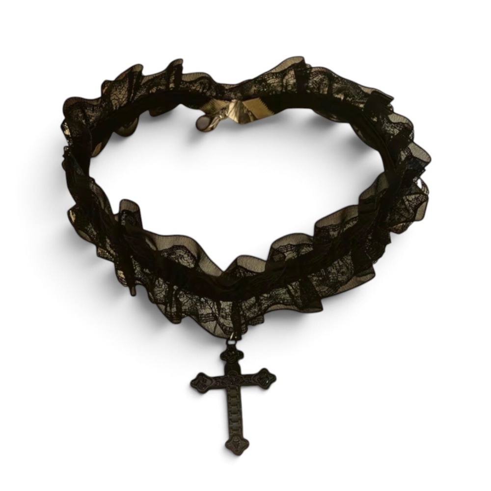 Goth - Style Black Ruffled Lace / Tulle Choker Necklace with Black Cross Pendant